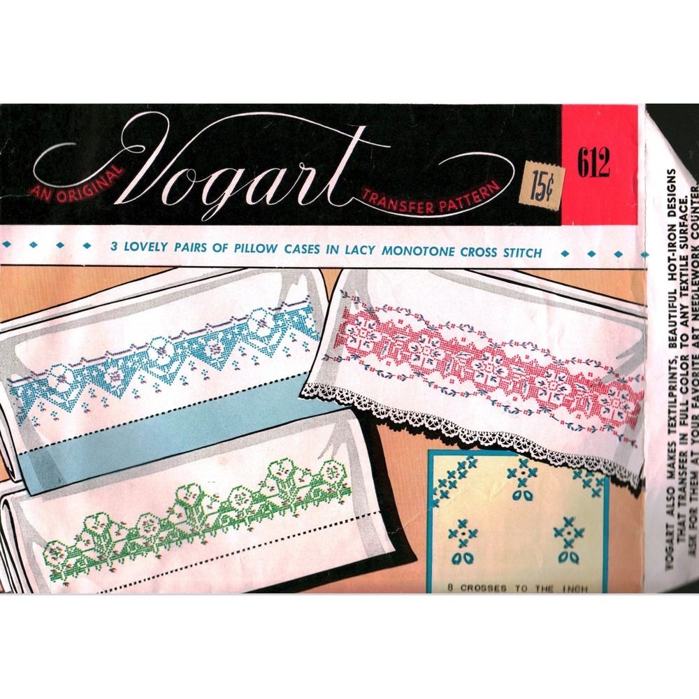 Vintage Vogart 612 Embroidery Transfer Pattern Cross Stitch Pillowcase Borders